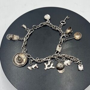 925 Sterling Silver Vintage Mexican 
Wild West Old America Link Charm‎ Bracelet